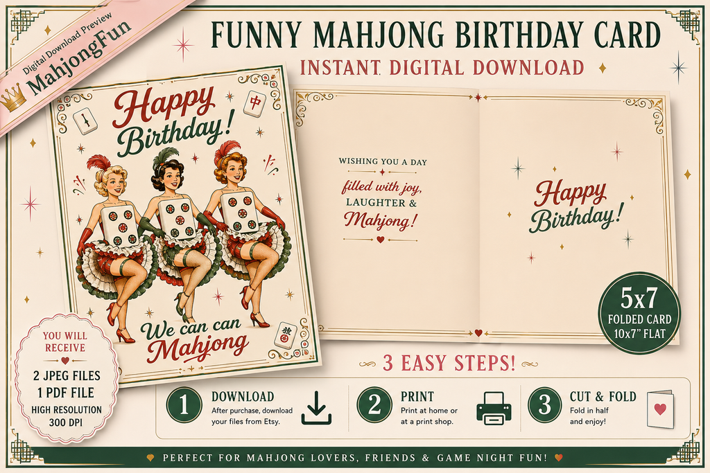 Funny Mahjong Birthday Card Printable | We Can Can Mahjong | Retro 1950s Pin-Up Birthday Card | Instant Digital Download