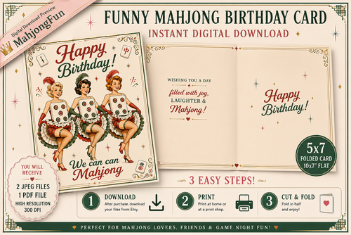 Digital preview of a funny mahjong birthday card instant download, showing both the front and back of a folded card with retro pin-up style women, fold-and-cut instructions, and promotional badges.