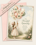 Vintage-style sympathy card with a pink envelope, featuring an illustration of a young girl holding pastel balloons decorated with Chinese characters, plus the text 'With Heartfelt Sympathy' and 'May loving memories bring you comfort and peace.' A diagonal banner reads 'MajongFun Digital Download Preview.