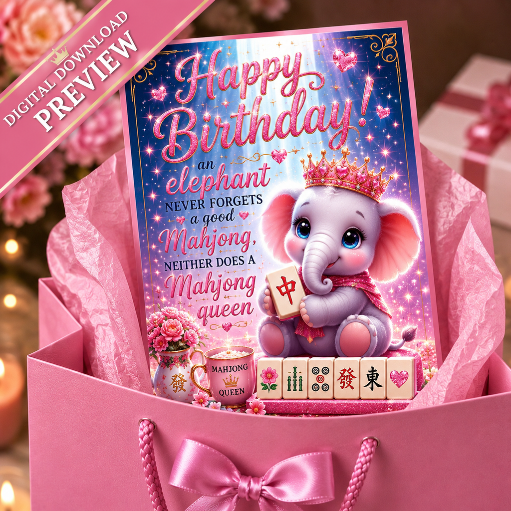 Mahjong Elephant Birthday Card Printable |Mahjong Birthday Card | Instant Digital Download (Copy) (Copy)