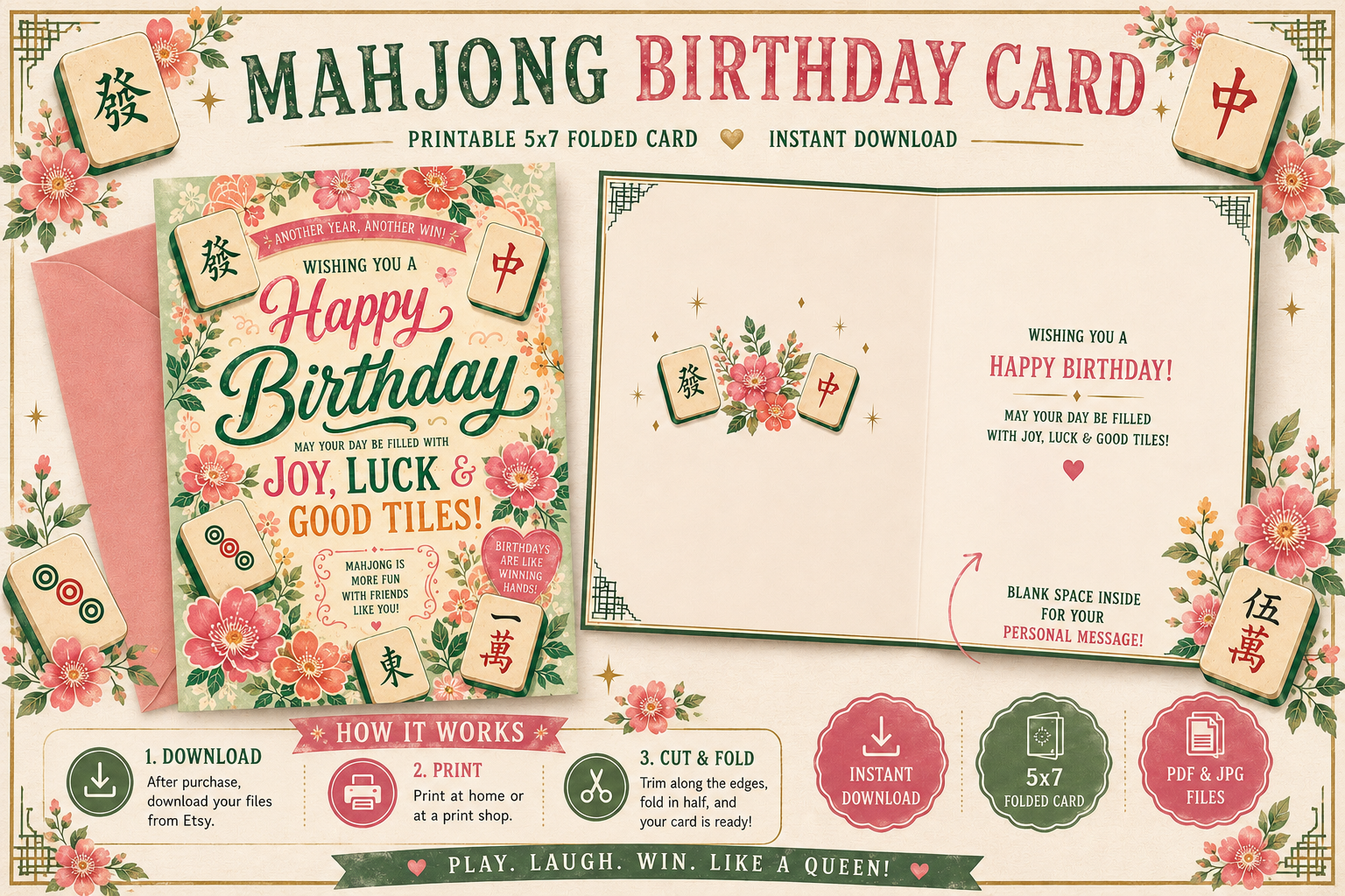 Mahjong Birthday Card, Digital Download, Floral Lucky Tiles, Printable Greeting Card, Mahjong Player Gift