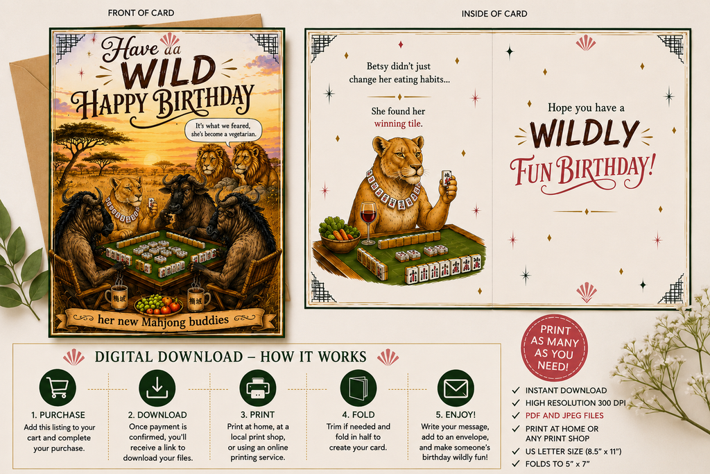 A digital printable card set for a wild birthday theme, showing the front and inside of a card with a bear illustration, plus a step-by-step digital download guide at the bottom.
