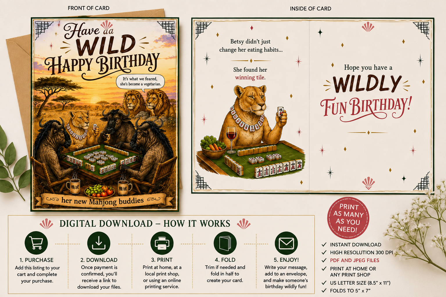 A digital printable card set for a wild birthday theme, showing the front and inside of a card with a bear illustration, plus a step-by-step digital download guide at the bottom.