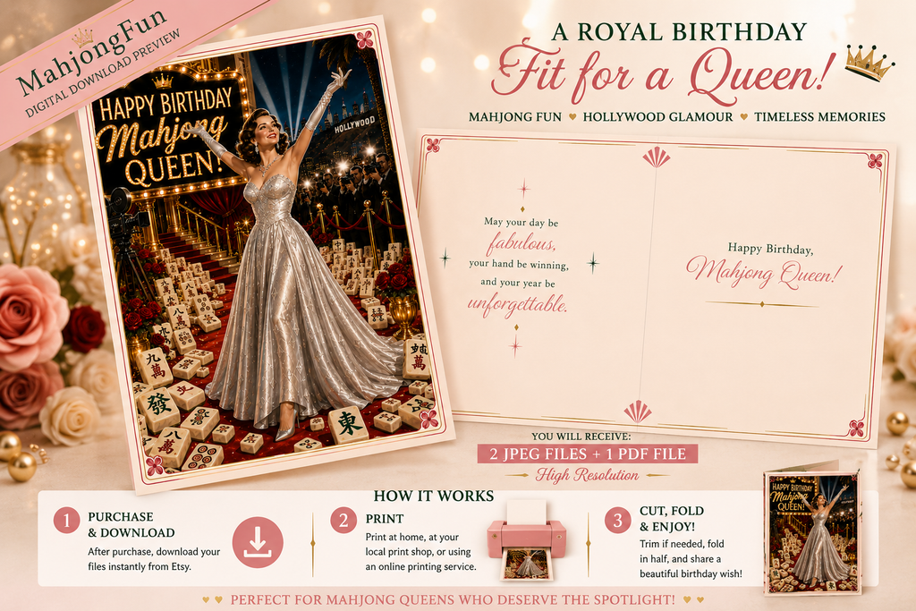 A promotional preview graphic for a digital birthday invitation template titled 'A ROYAL BIRTHDAY Fit for a Queen!' by MahjongFun. The design shows a glamorous birthday card layout with a queen in a silver gown on a stage, elegant typography, decorative roses, and step-by-step usage instructions.