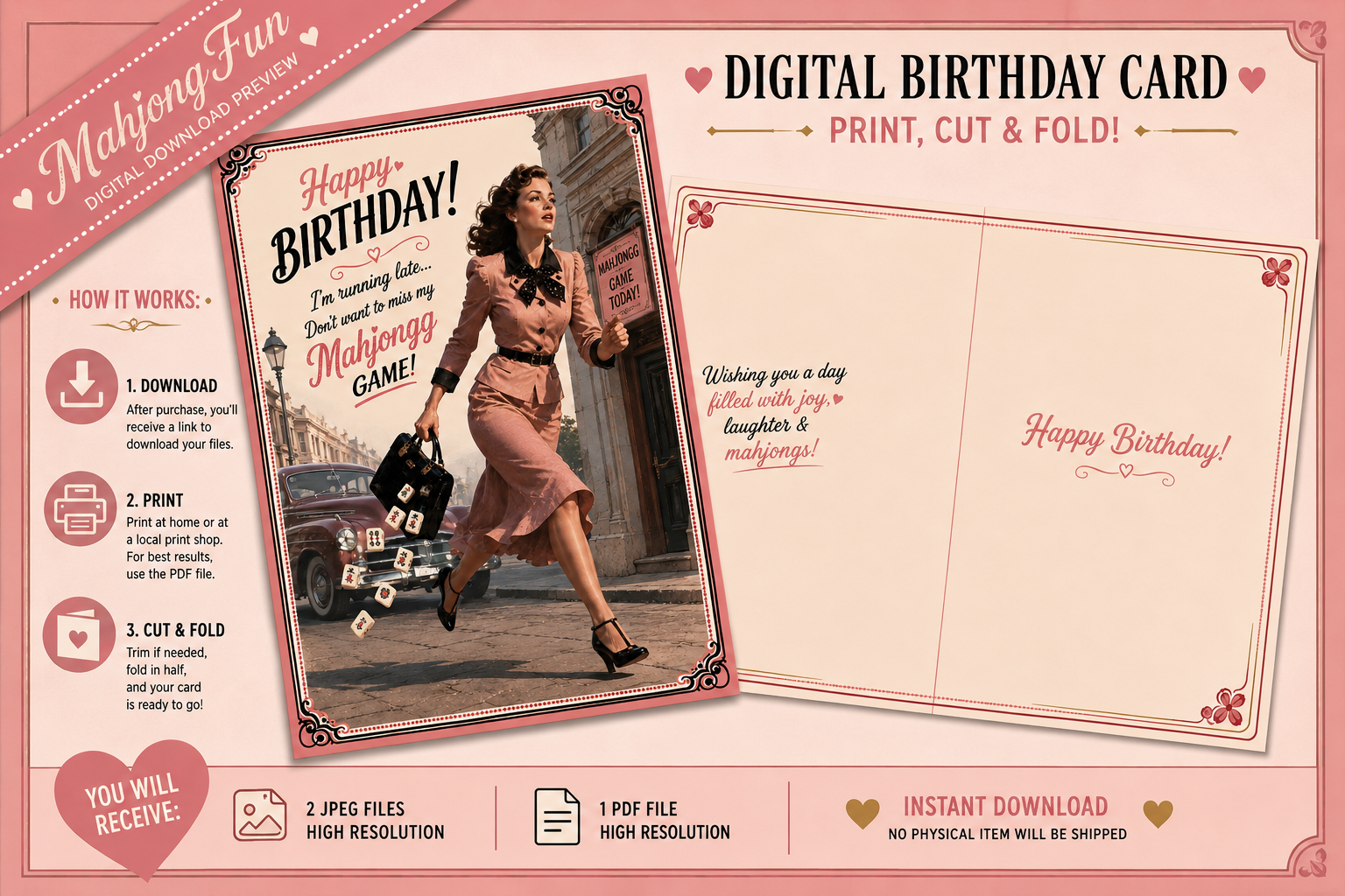A pink promotional graphic for a digital birthday card template. The design shows a retro-style card layout with a woman in a pink outfit walking, alongside text reading 'DIGITAL BIRTHDAY CARD', 'PRINT, CUT & FOLD!', and feature callouts for download, print, cut & fold, 2 PDF files, and instant download.