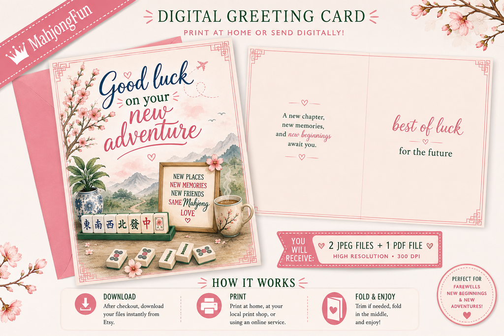 Digital greeting card template set with pink and cream designs, floral accents, and Chinese-inspired fortune imagery, shown with promotional text and icons for download and printing.