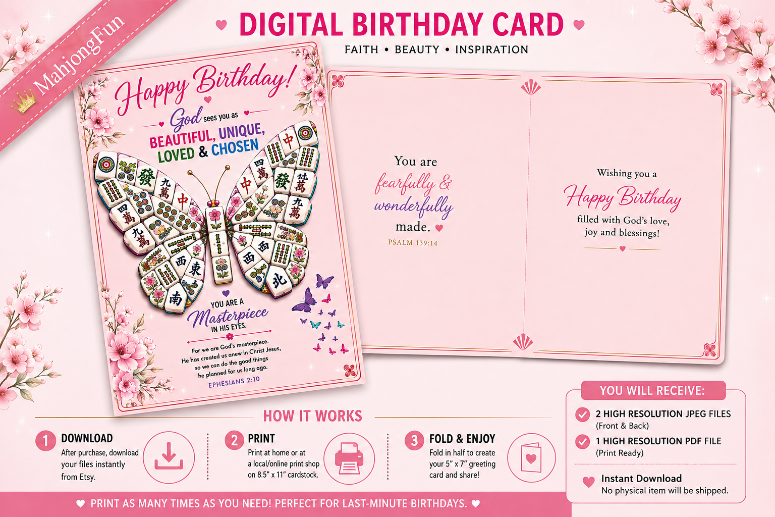 This beautiful Christian Mahjong Birthday Card features a butterfly created from colorful Mahjong tiles surrounded by soft pink florals and an uplifting message reminding her that she is beautiful, unique, loved and chosen by God.