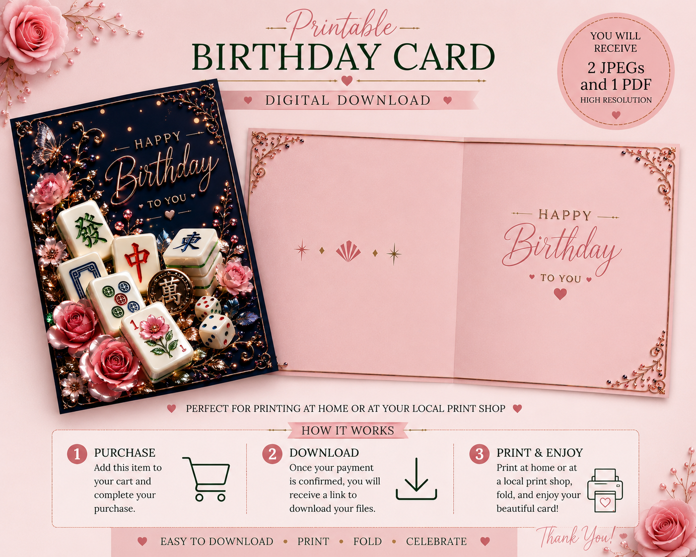 Digital preview of a printable birthday card template set, showing a closed card with a dark navy floral and mahjong tile design, an open pink card with gold script, roses, and instructions for a digital download.