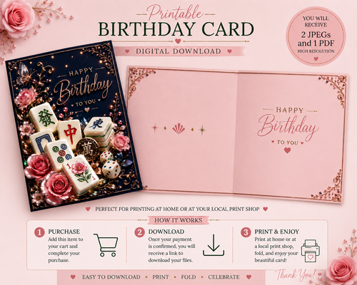 Digital preview of a printable birthday card template set, showing a closed card with a dark navy floral and mahjong tile design, an open pink card with gold script, roses, and instructions for a digital download.