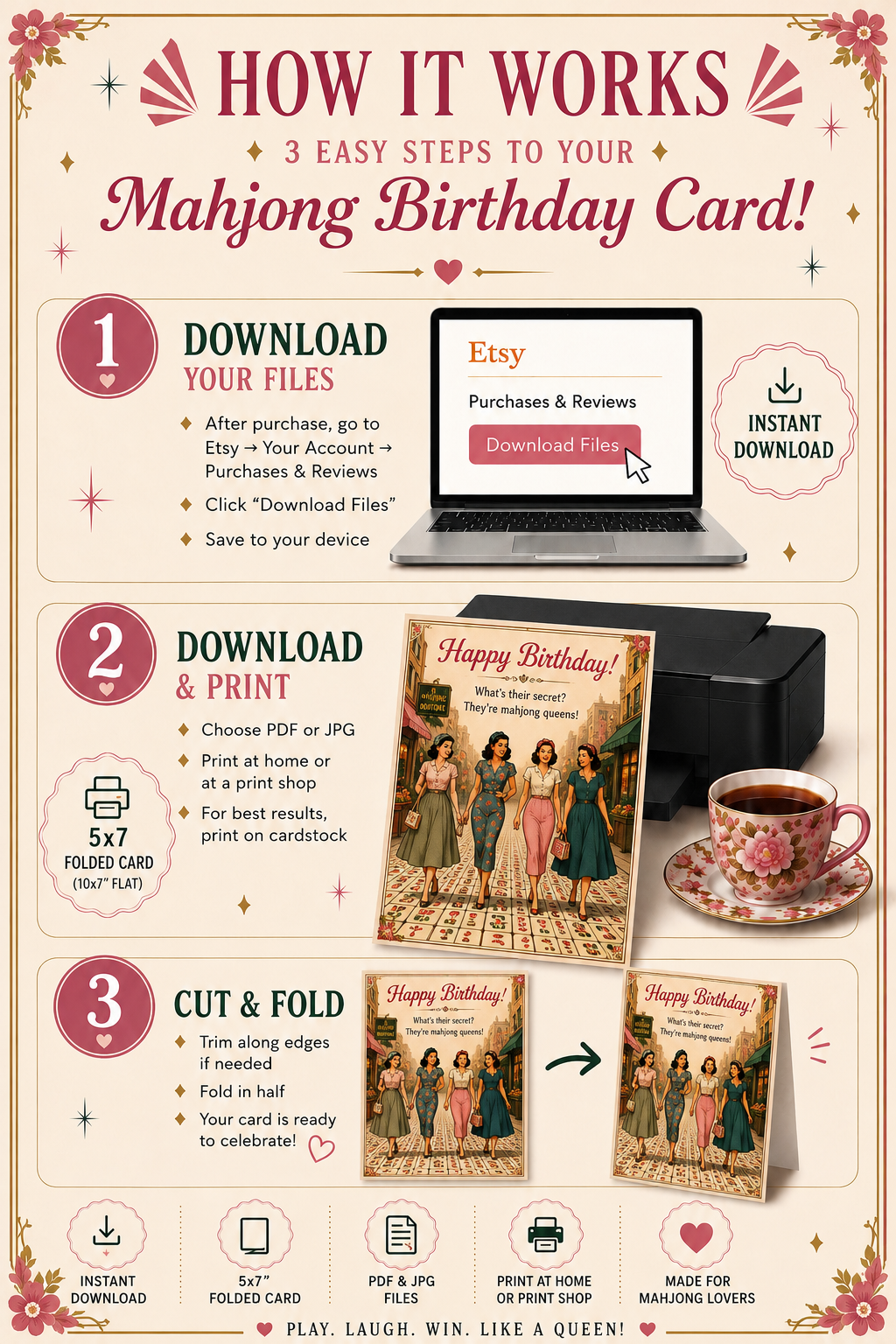Mahjong Queen Birthday Card Printable |Glamorous Ladies Mahjong | Retro 1950s Pin-Up Birthday Card | Instant Digital Download (Copy)