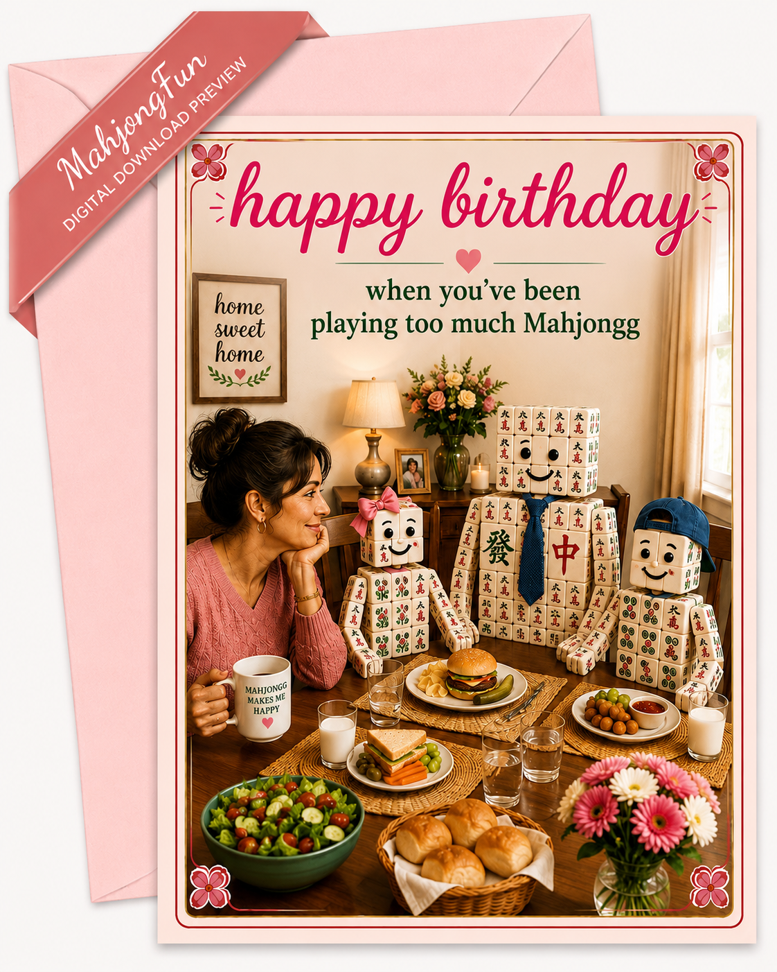A birthday card and matching pink envelope shown on a white background. The card features a photo of a woman dining with three mahjong-themed robot figures and gift boxes, with the text 'happy birthday when you've been playing too much Mahjongg'.