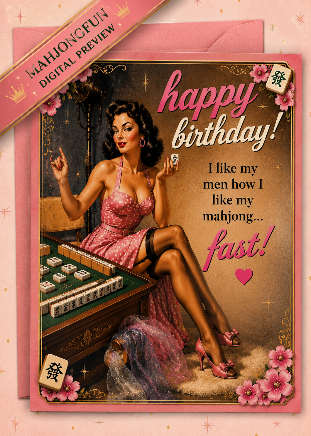 Mahjong Birthday Card Funny Printable | Retro Forties Mahjong Queen |  Pin-Up Birthday Card | Instant Digital Download