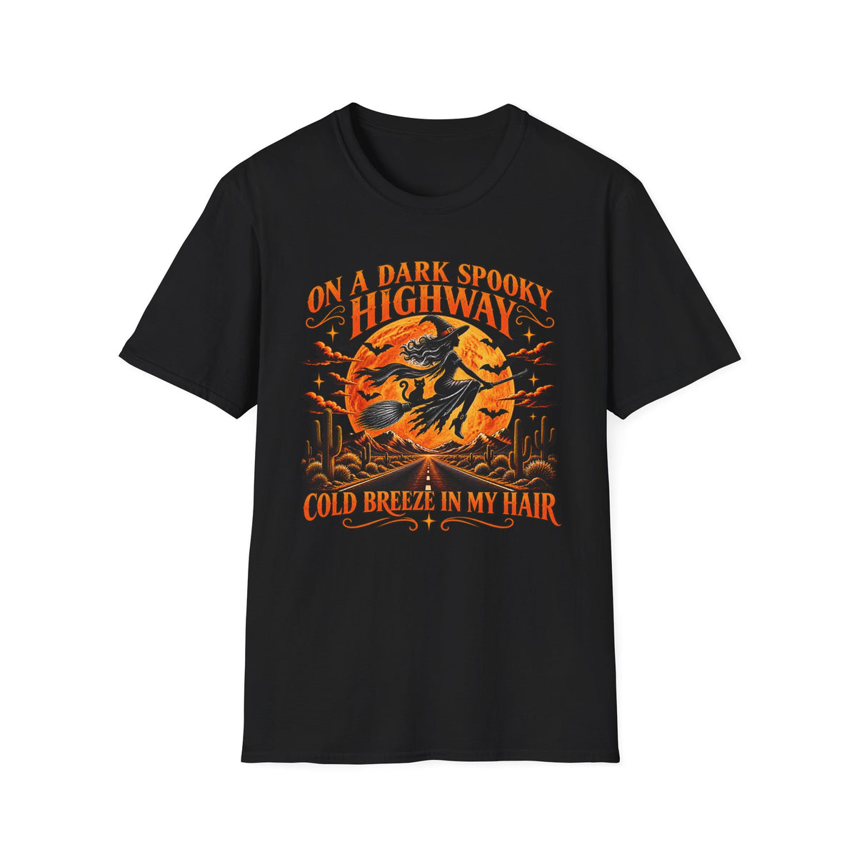 A Halloween themed witch design on a charcoal colored T-shirt