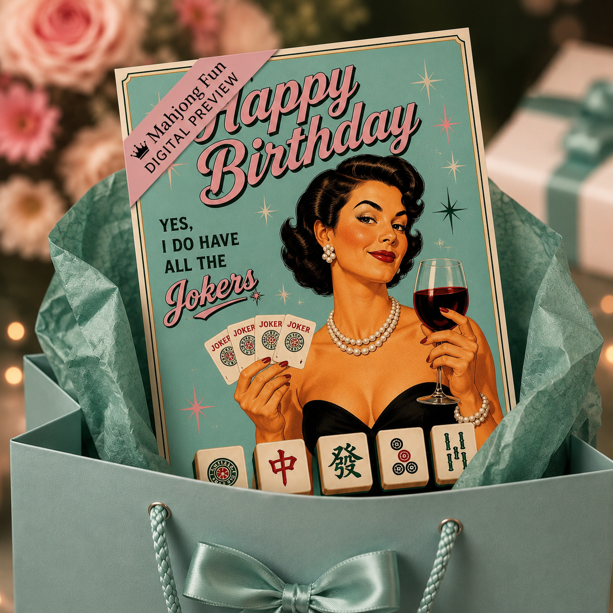 Mahjong Queen Birthday Card Printable |Mahjong Retro Joker Queen | Retro 1950s Pin-Up Birthday Card | Instant Digital Download (Copy) (Copy)