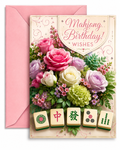 A Mahjong-themed birthday greeting card with a pink envelope behind it. The card features a floral arrangement of pink, purple, white, and green roses with decorative text reading 'Mahjong Birthday Wishes' and five illustrated mahjong tiles along the bottom.