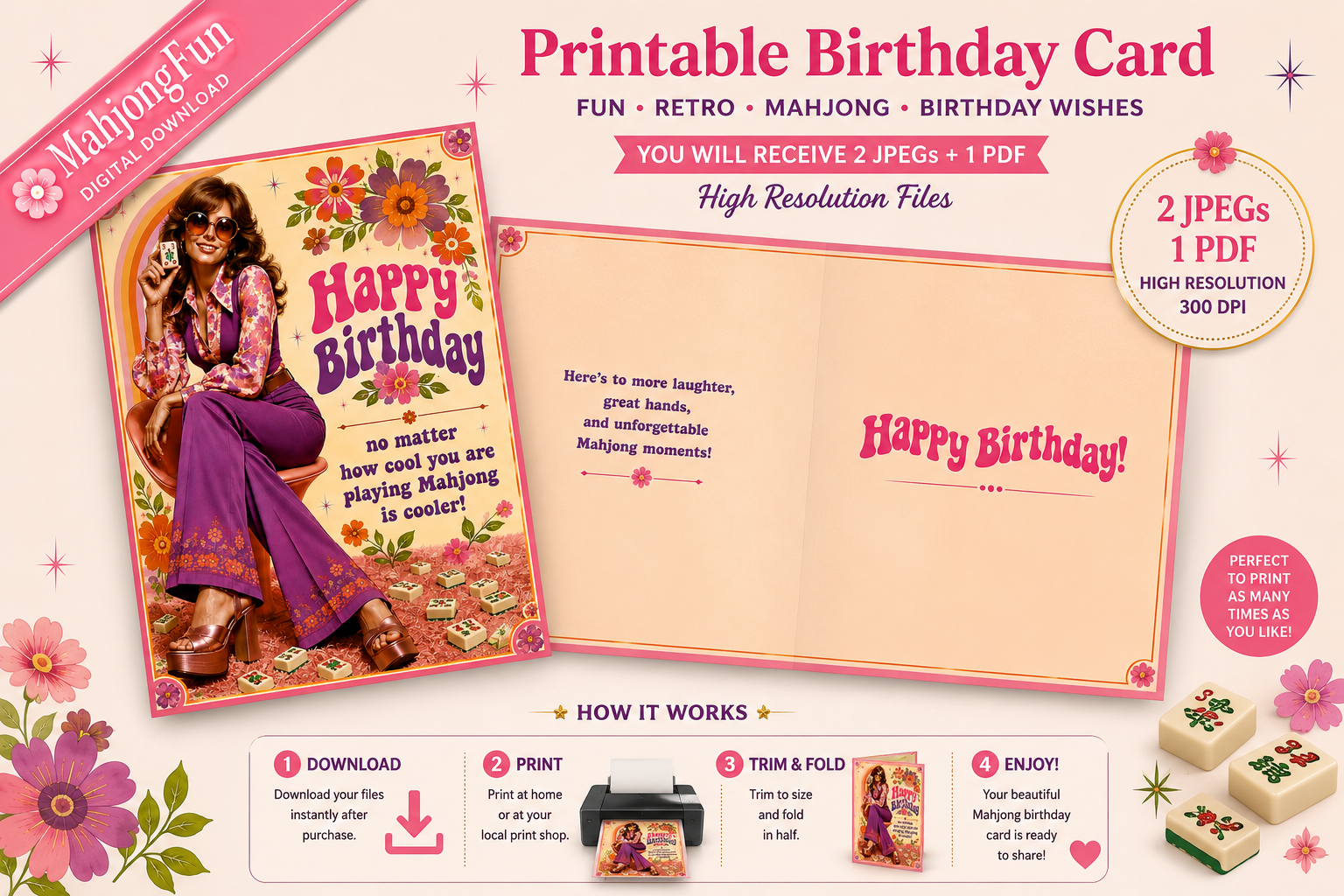 Promotional graphic for a printable birthday card template set, showing a retro-style illustrated card cover, an open preview page with text, and step-by-step download/print/enjoy instructions. The design uses pink, orange, yellow, and purple with floral accents and the text 'Printable Birthday Card' and 'Happy Birthday!'.