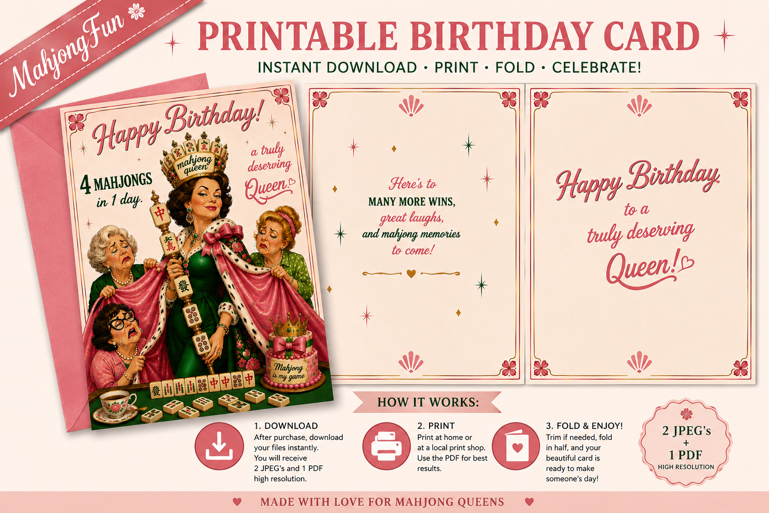 A promotional graphic for a printable birthday card template featuring Mahjong-themed artwork and text. The design shows three card layout previews, decorative pink borders, and instructions for downloading, printing, and folding.
