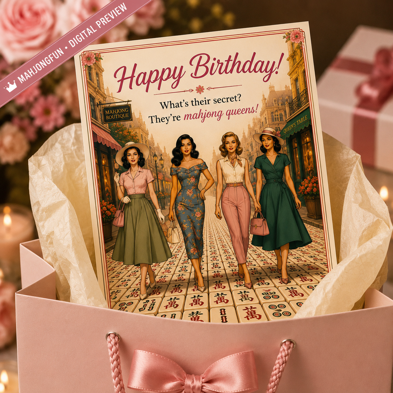 Mahjong Queen Birthday Card Printable |Glamorous Ladies Mahjong | Retro 1950s Pin-Up Birthday Card | Instant Digital Download (Copy)