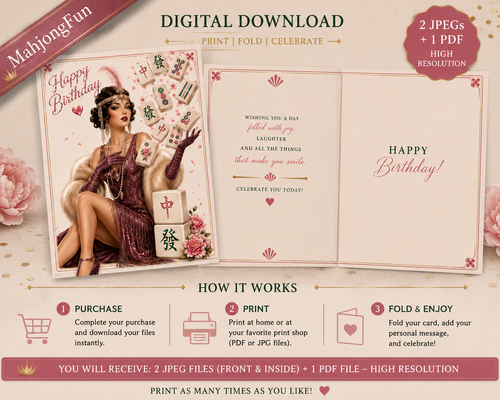 Promotional graphic for a digital birthday card template download by MahjongFun. The design shows a vintage-style illustrated card with a seated woman, Chinese characters, and flowers, alongside an open folded card layout with birthday messages.