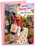 A square greeting card with a pink border and matching pink envelope, featuring a colorful retirement-themed mahjong club scene. The card text reads 'One Door Closes.
