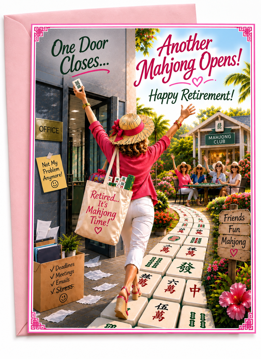A square greeting card with a pink border and matching pink envelope, featuring a colorful retirement-themed mahjong club scene. The card text reads 'One Door Closes.