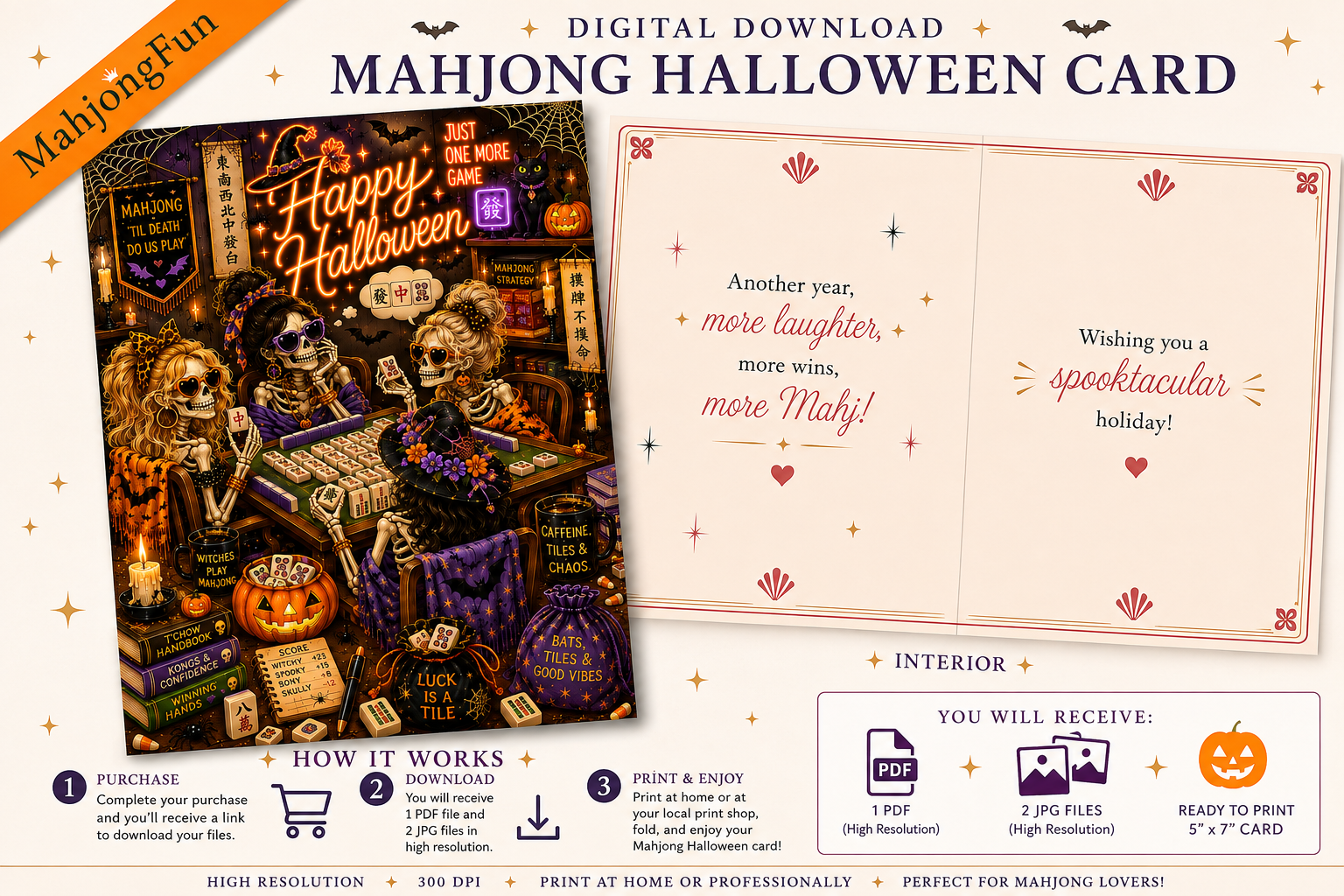 Celebrate spooky season with a Mahjong card made especially for the friend who would rather play just one more game than do almost anything else.

This colorful Halloween design features a fun group of skeleton Mahjong players surrounded by pumpkins, tiles, witchy details and plenty of Mahjong humor. It’s perfect for your Mahjong group, Mahj bestie, hostess, tournament friend or anyone who loves Halloween and Mahjong.