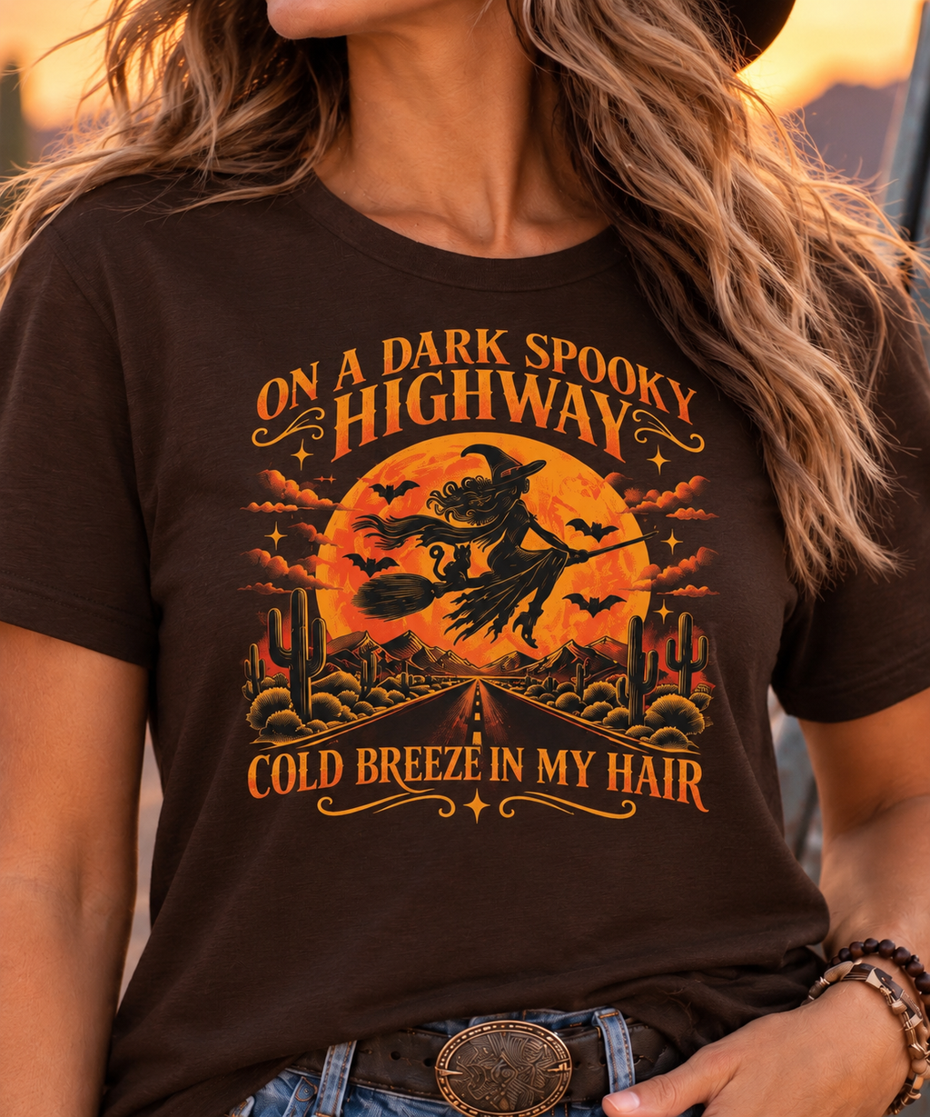 Halloween Witch T-Shirt — "On a Dark Spooky Highway" Retro Pumpkin Design