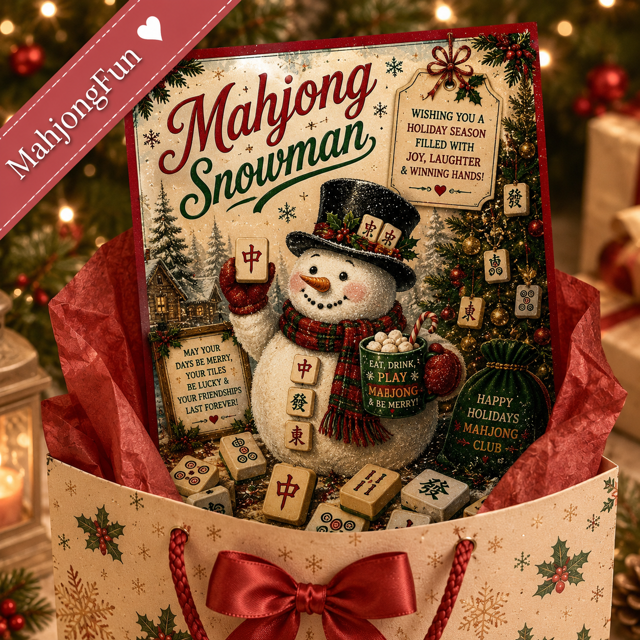A Mahjong-themed gift set displayed in a decorated gift bag, featuring a printed card with a snowman, mahjong tiles, red tissue paper, and holiday decorations in the background. A diagonal pink banner reads 'MahjongFun'.