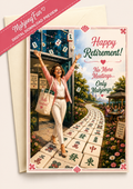 A retirement-themed greeting card shown with an envelope behind it on a light beige background. The card features a retro illustration of a woman stepping on mahjong tiles in a garden, with the text 'Happy Retirement! No More Meetings.