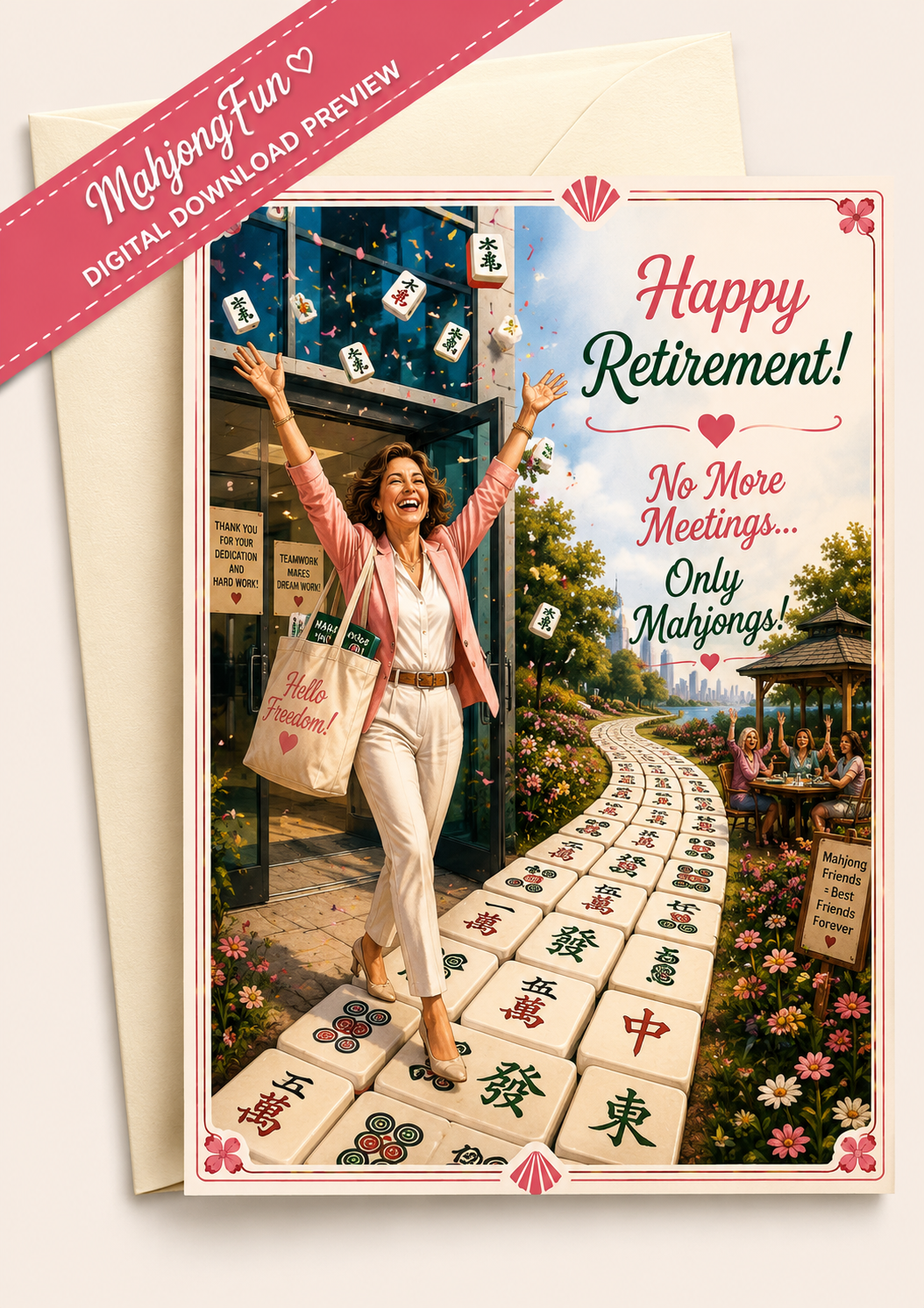 A retirement-themed greeting card shown with an envelope behind it on a light beige background. The card features a retro illustration of a woman stepping on mahjong tiles in a garden, with the text 'Happy Retirement! No More Meetings.