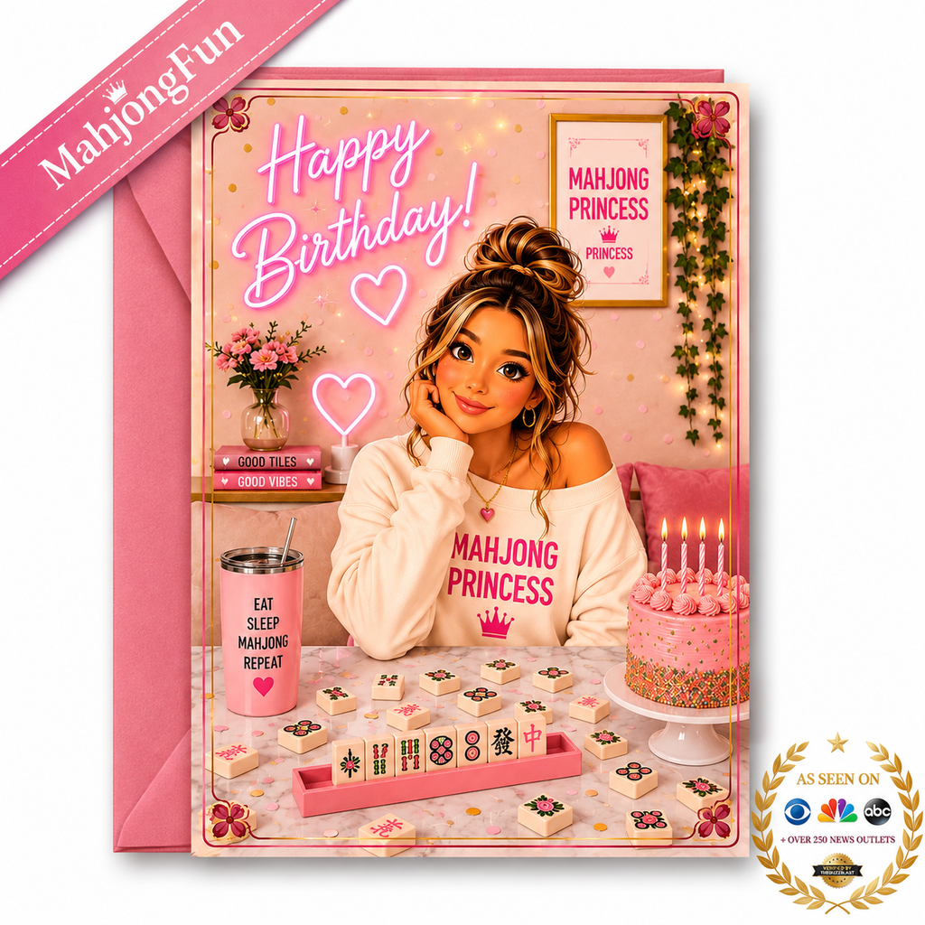 A pink 'Happy Birthday! Mahjong Princess' greeting card with a matching pink envelope, featuring a cartoon-style woman in a 'Mahjong Princess' sweater, a pink cake, and mahjong tiles on a table. A 'MahjongFun' banner is in the top-left corner, and an 'Asseen On' seal is in the bottom-right.