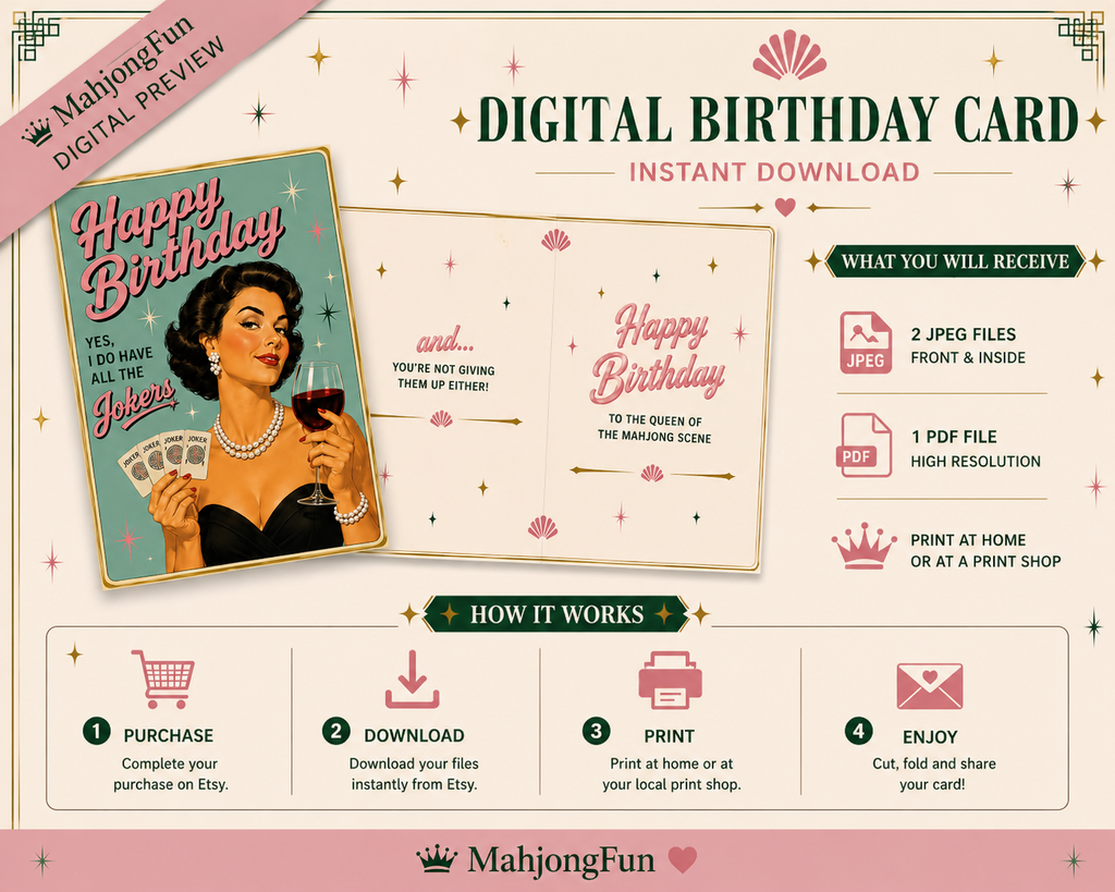 Mahjong Queen Birthday Card Printable |Mahjong Retro Joker Queen | Retro 1950s Pin-Up Birthday Card | Instant Digital Download (Copy) (Copy)