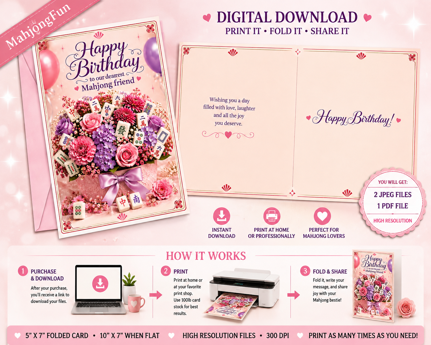 A digital mockup for a birthday greeting card set, showing the front and back of a pink folded card with floral and gift illustrations, plus text callouts about digital download, print, fold, and share. The layout is mostly pink and peach with decorative hearts and icons.