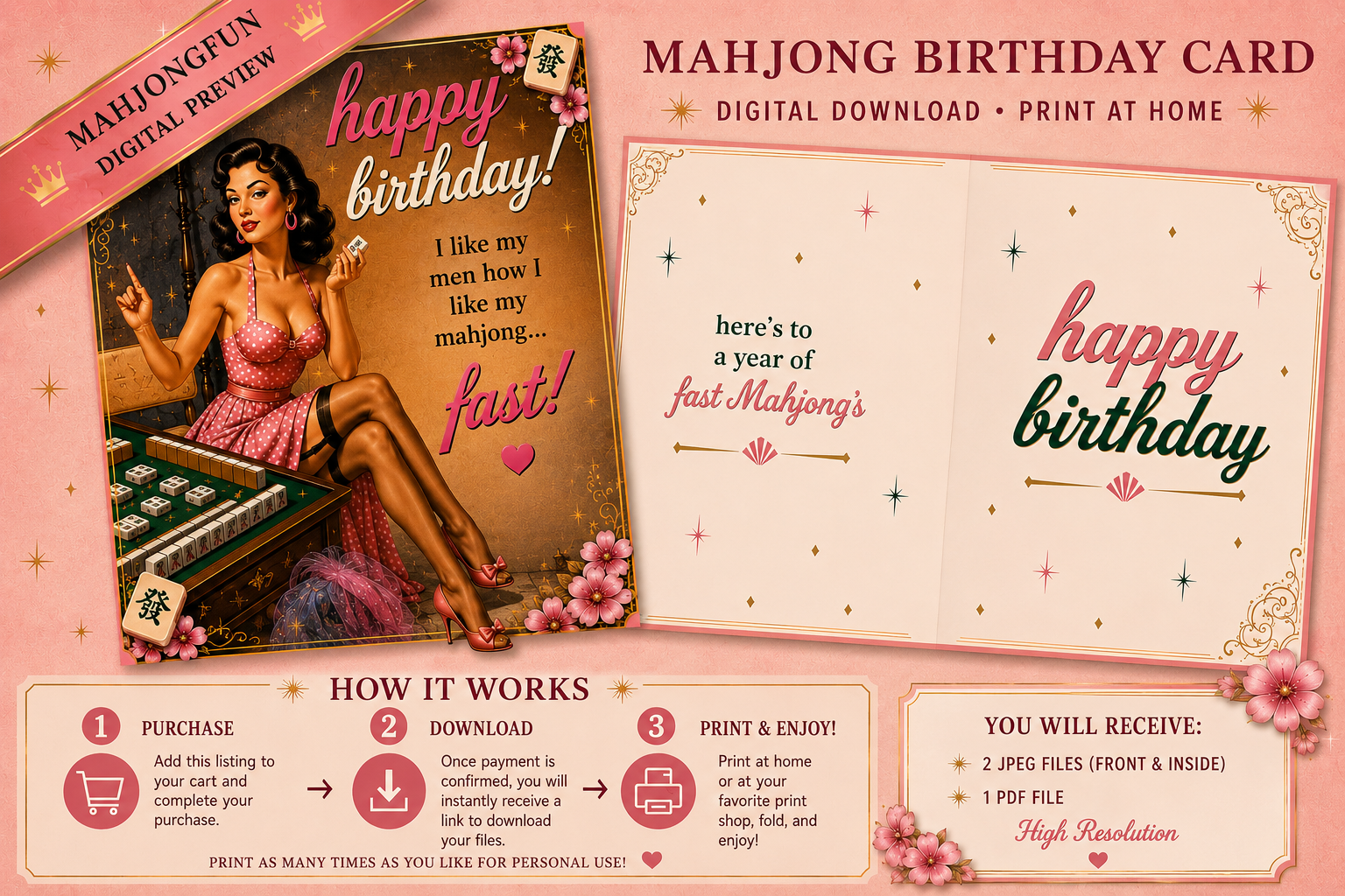 Mahjong Birthday Card Funny Printable | Retro Forties Mahjong Queen |  Pin-Up Birthday Card | Instant Digital Download