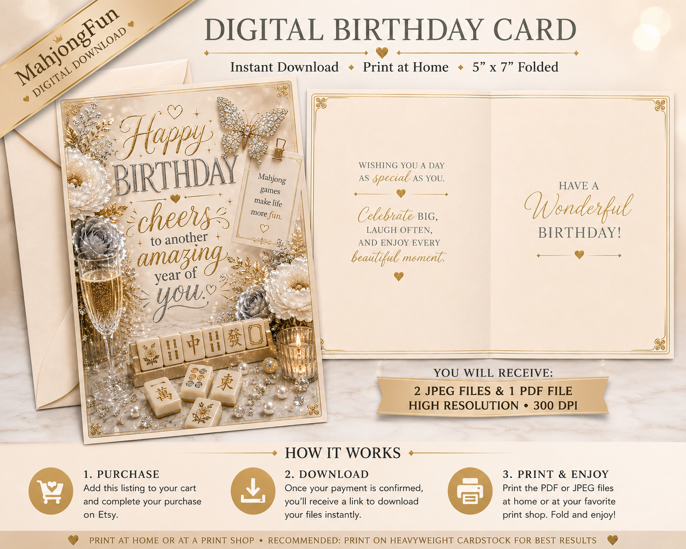 A digital birthday card template preview with a folded card design, text reading 'Digital Birthday Card,' champagne glasses, candles, and gift boxes, plus purchase and printing instructions on a beige background.