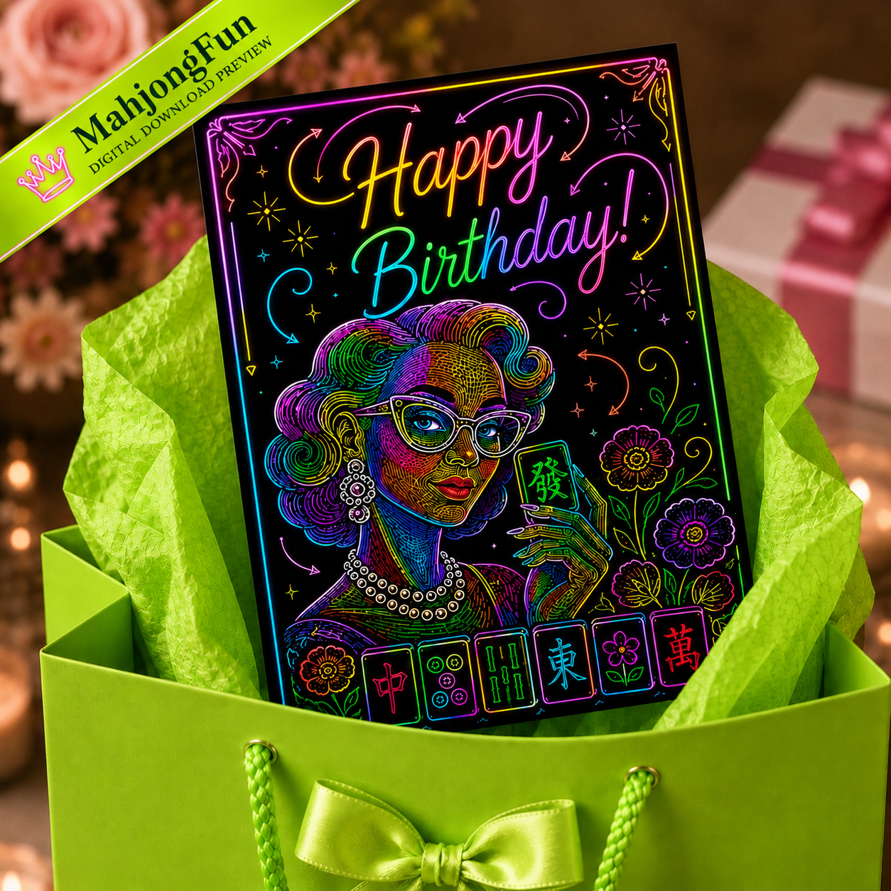Neon Mahjong Birthday Card Printable | Retro Glam Birthday Card | Digital Download | 5x7 Folded Greeting Card | Mahjong Lover Gift | Instant Download