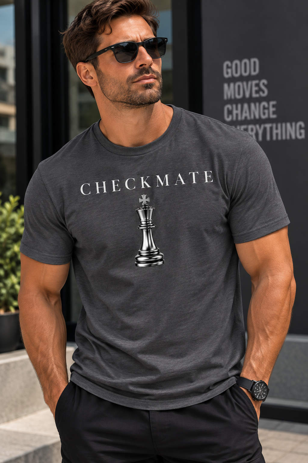 A man wearing a dark gray heather t-shirt with 'CHECKMATE' and a chess king graphic printed on the front, paired with black pants and sunglasses, standing outdoors.