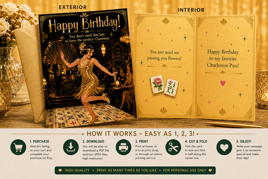 A birthday invitation card set displayed in an elegant interior setting, showing the exterior card, interior folded and unfolded views, and a step-by-step how-to banner at the bottom explaining purchase, download, print, cut & fold, and enjoy.