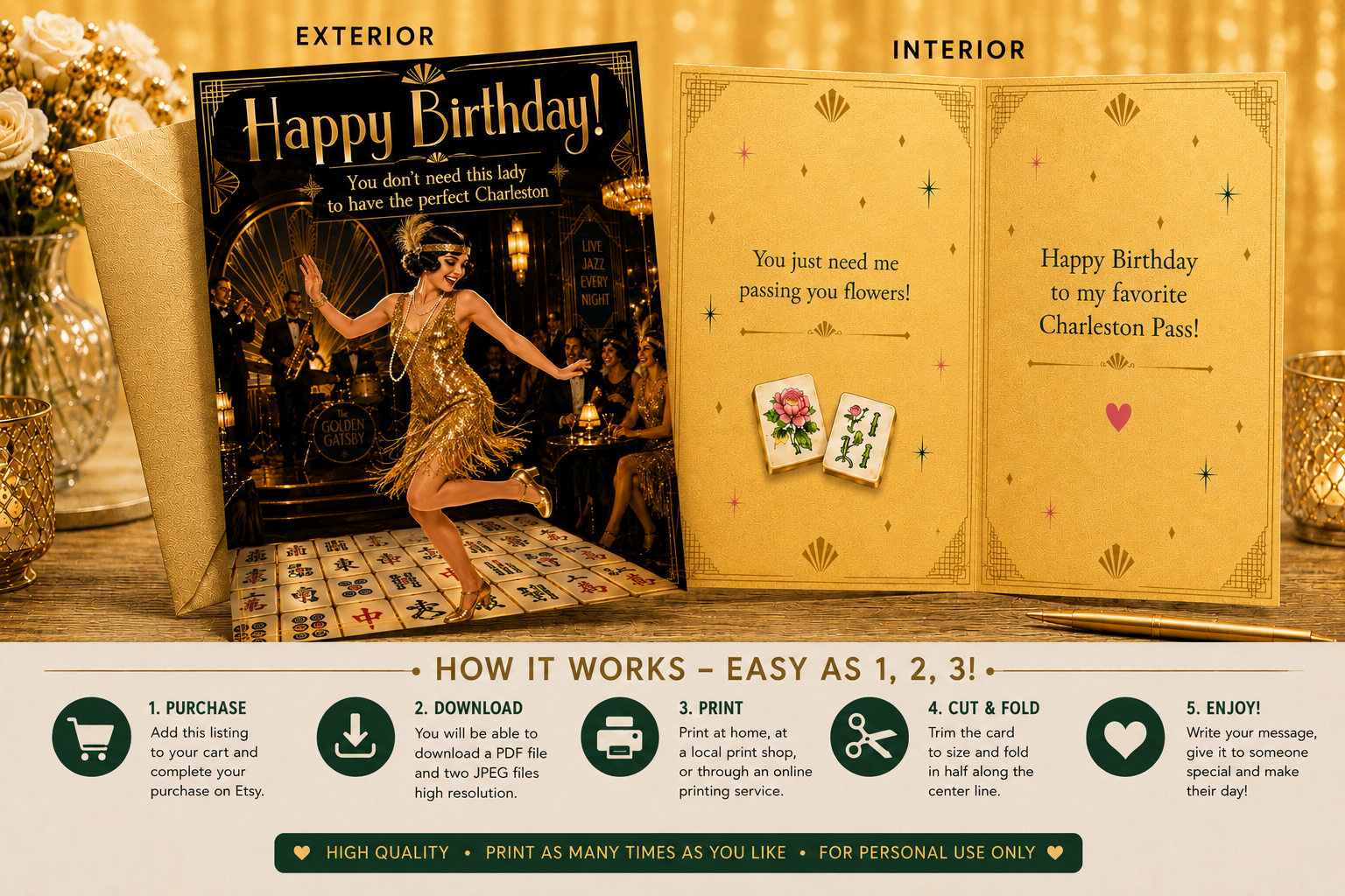 A birthday invitation card set displayed in an elegant interior setting, showing the exterior card, interior folded and unfolded views, and a step-by-step how-to banner at the bottom explaining purchase, download, print, cut & fold, and enjoy.