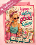 A pink and gold birthday card design featuring a glamorous woman playing mahjong, with large text reading 'happy birthday glam Queen!' and a diagonal banner that says 'MaljongFun Digital Download Preview'.