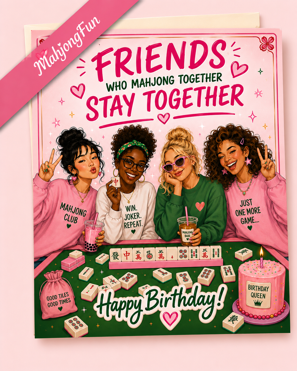 A birthday greeting card featuring an illustration of four women playing mahjong with the text 'FRIENDS WHO MAHJONG TOGETHER STAY TOGETHER' and 'Happy Birthday!'. The card is displayed on a light pink background with a pink diagonal banner reading 'MahjongFan'.