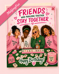 A birthday greeting card featuring an illustration of four women playing mahjong with the text 'FRIENDS WHO MAHJONG TOGETHER STAY TOGETHER' and 'Happy Birthday!'. The card is displayed on a light pink background with a pink diagonal banner reading 'MahjongFan'.