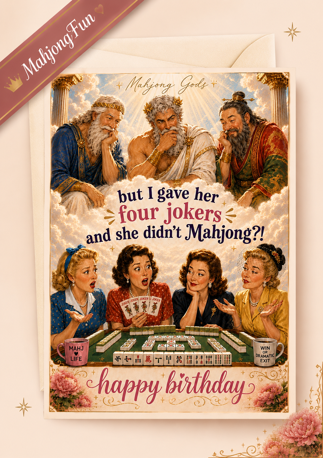 A birthday greeting card featuring a vintage-style illustration of Mahjong-themed god figures and four mahjong players, with the text 'but I gave her four jokers and she didn't Mahjong?!' and 'happy birthday' on a cream background.