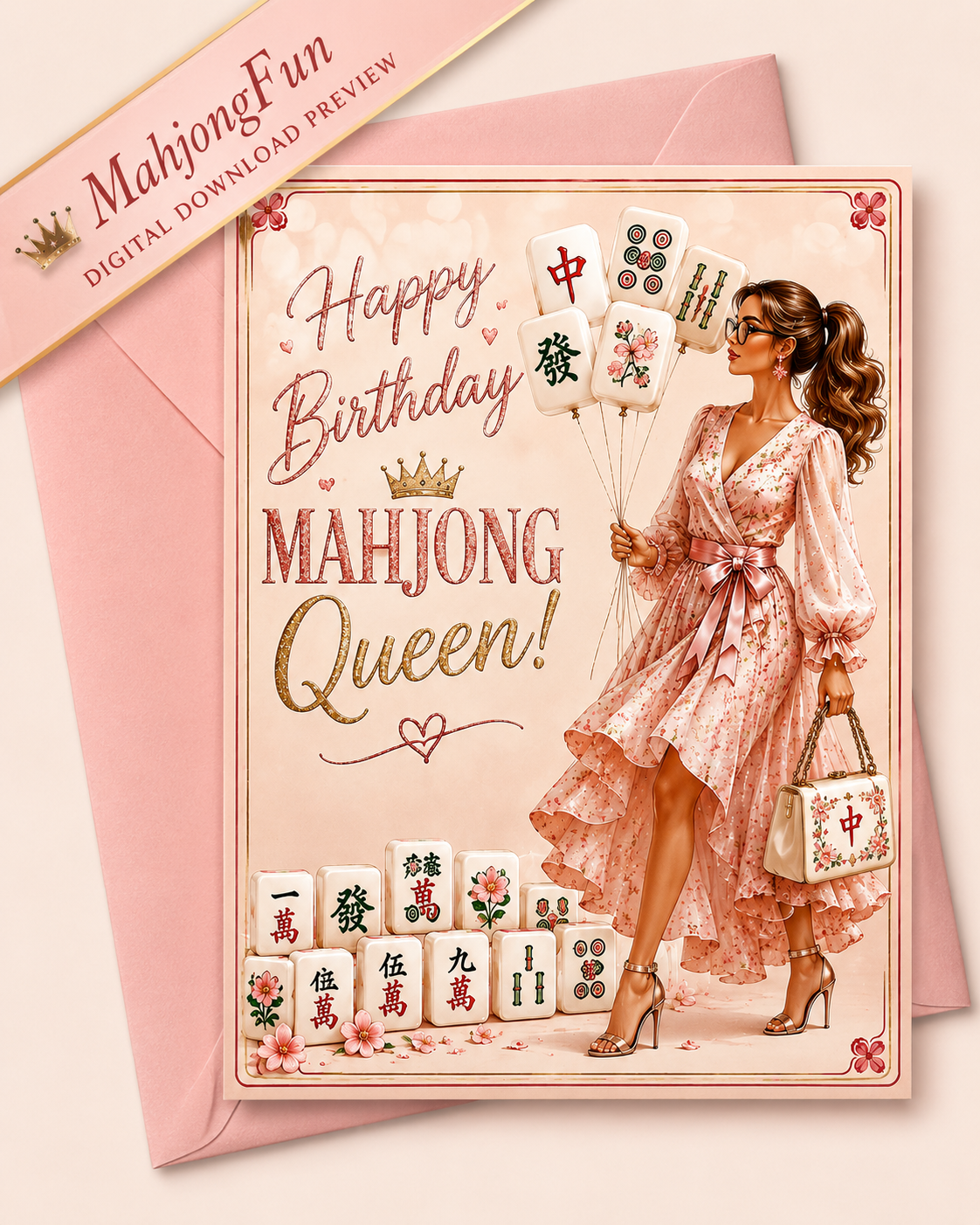 A pink birthday card with an illustrated woman in a floral dress holding mahjong tiles, shown with a matching pink envelope. The card reads 'Happy Birthday Mahjong Queen!' and includes a diagonal banner reading 'MahjongFun Digital Download Preview.