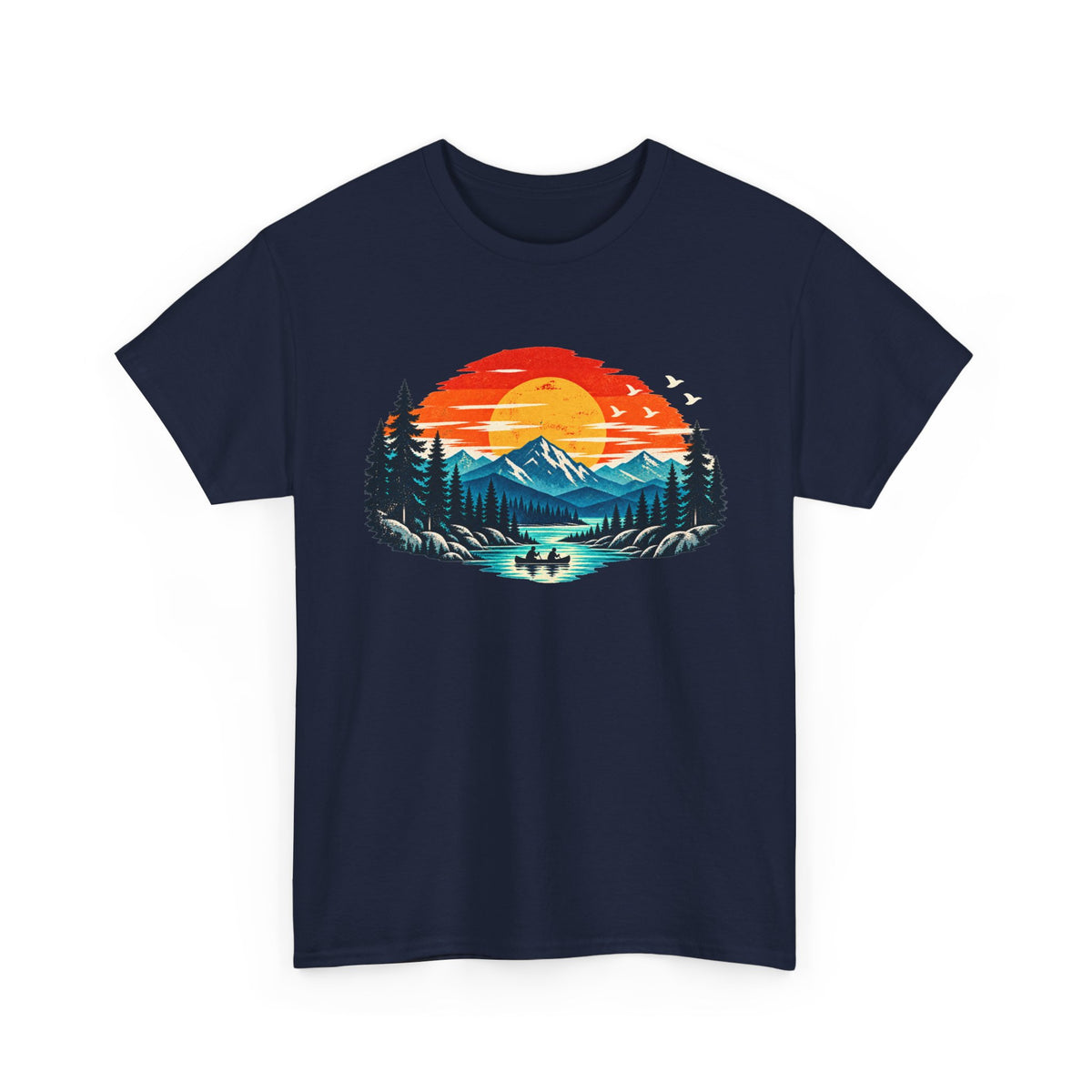 This classic blue cotton T-shirt features a vivid sunset landscape with snowcapped peaks, towering evergreens, reflective blue water, and two paddlers enjoying the stillness of the lake.