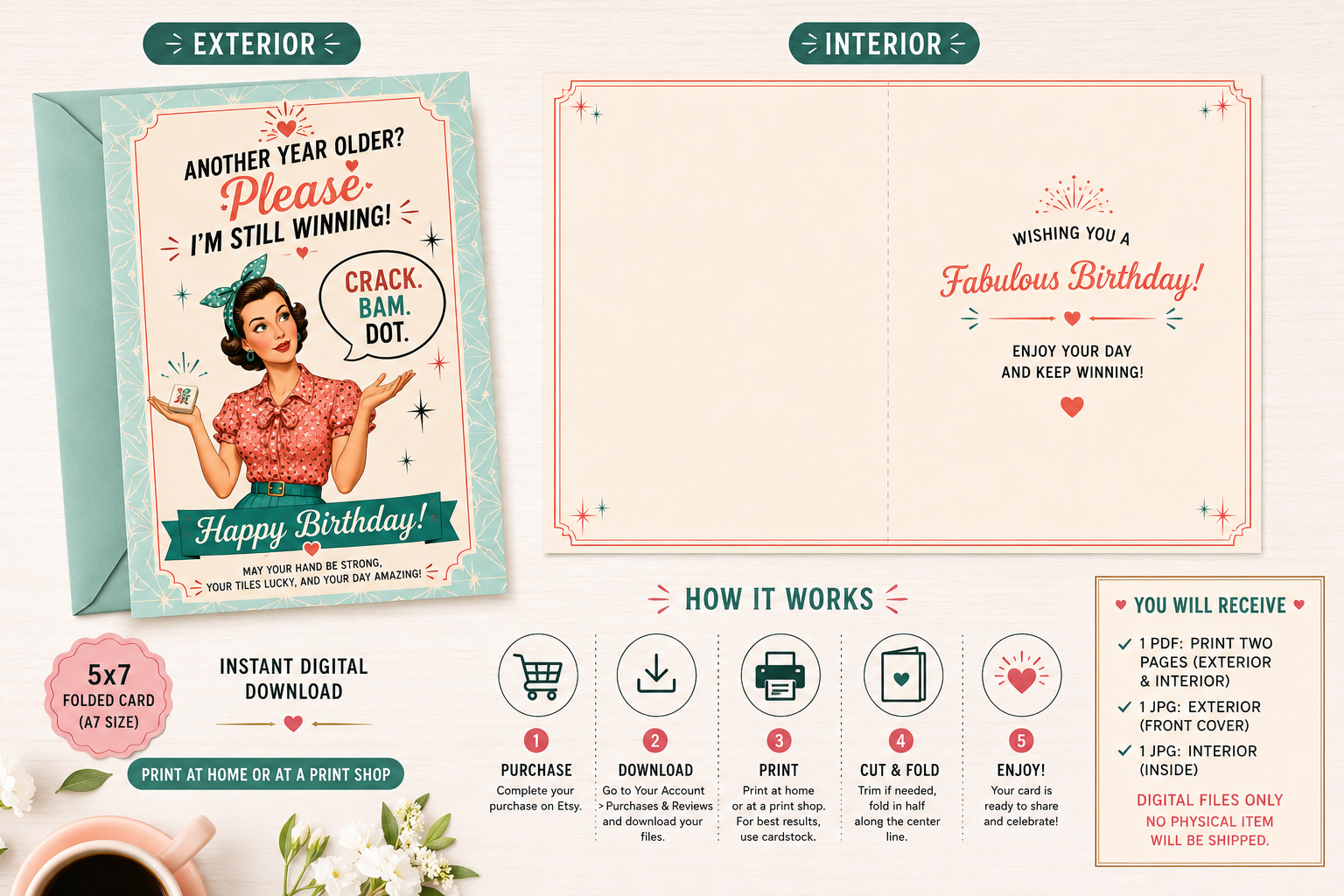 Crack. Bam. Dot. Birthday Card | Funny Mahjong Birthday Card | Printable Birthday Card | Instant Download | Retro Pin-Up Birthday Card