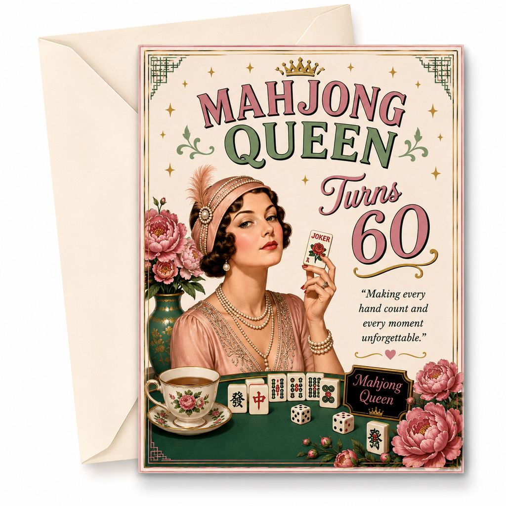 A digital printable birthday card with a retro woman set for a 60th birthday, shown as a front  layout with floral decorations and mahjong tiles on a cream background.