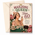 A digital printable birthday card with a retro woman set for a 60th birthday, shown as a front  layout with floral decorations and mahjong tiles on a cream background.