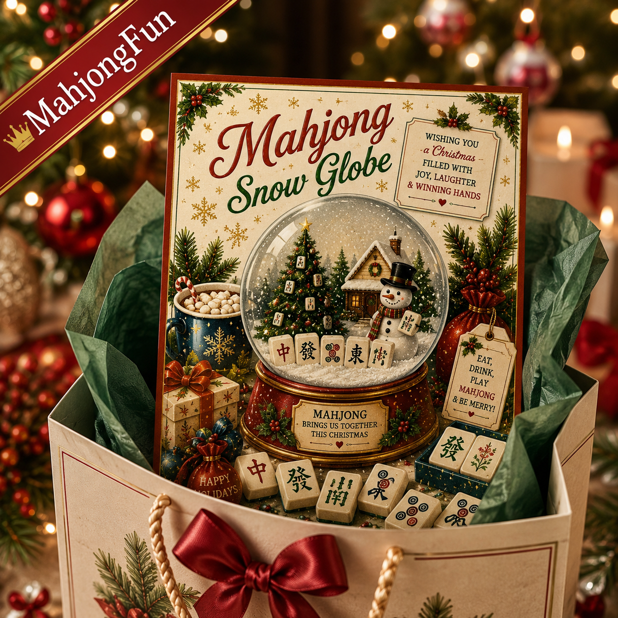 A Mahjong-themed Christmas gift set displayed inside a decorative gift bag. The set includes a large printed 'Mahjong Snow Globe' box featuring a festive holiday scene with a snow globe, mahjong tiles, wrapped gifts, and green tissue paper, set against a blurred Christmas tree background.