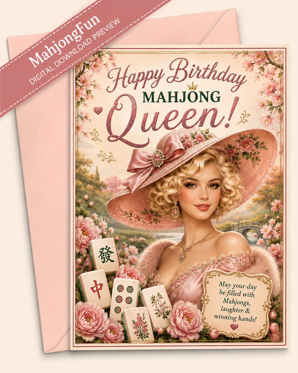 A birthday greeting card and matching envelope for Mahjong fans, featuring a vintage-style illustration of a woman in a pink hat surrounded by roses and mahjong tiles. The card reads 'Happy Birthday MAHJONG Queen!' with a pink diagonal banner in the top left that says 'MahjongFun DIGITAL DOWNLOAD PREVIEW'.